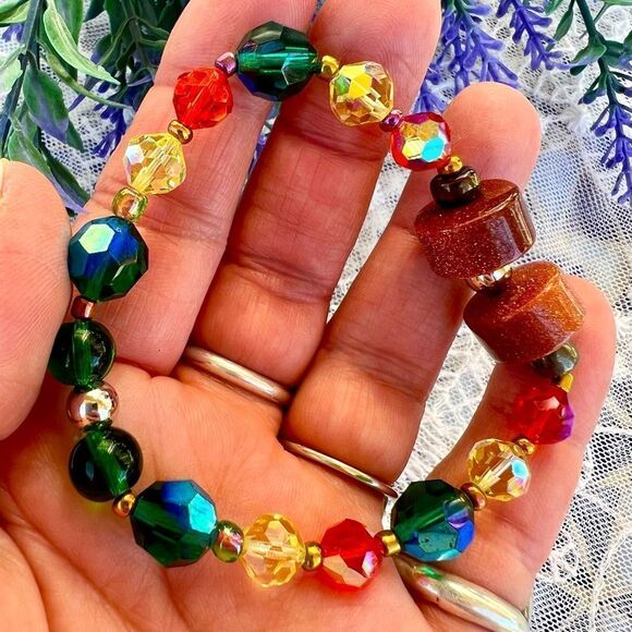 Colorful Beaded Stretch Bracelet with Goldstone - Picture 4 of 9